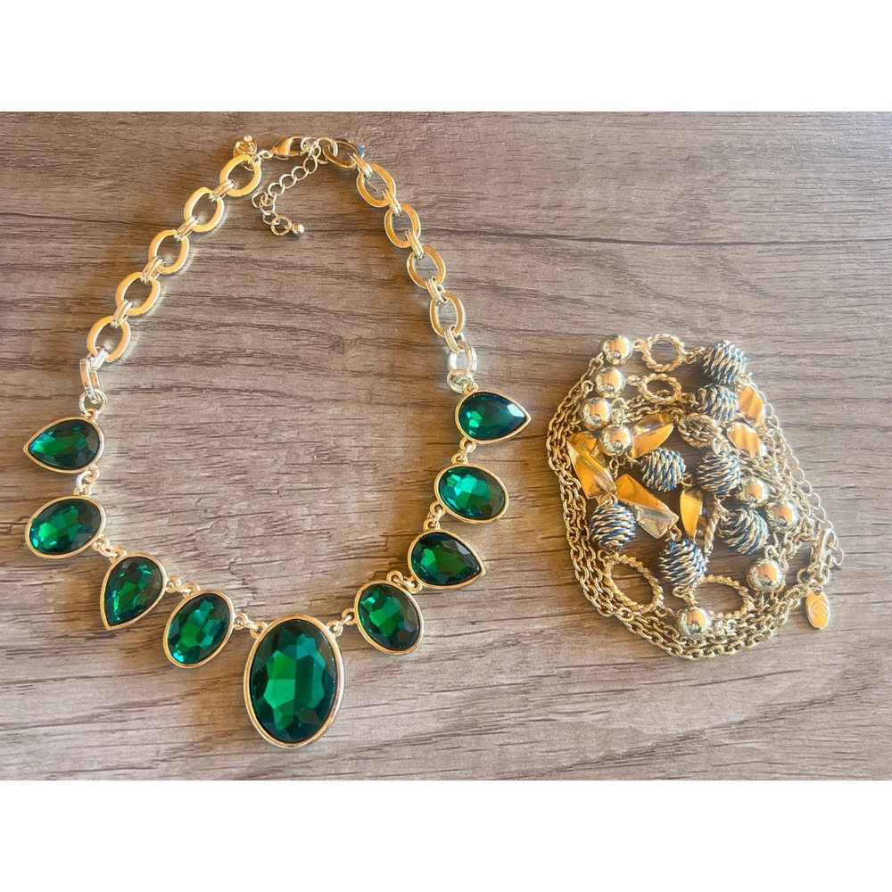 Lot 2 Charming Charlie Necklaces Emerald Statement & Long‎ Chain Layered Boho